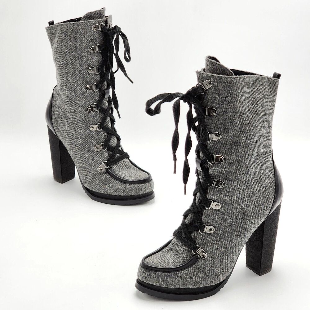 Charles David Torch Felt Burnished Victorian Heeled Lace Up Boots Grey Size 7.5